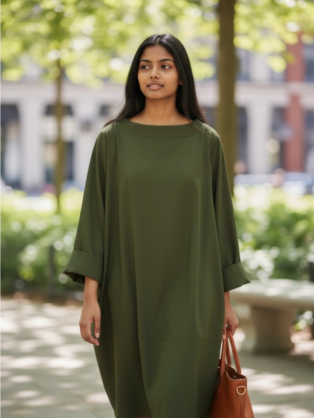 Connie Olive Green Long Sleeve Shift Dress with Rolled Cuffs